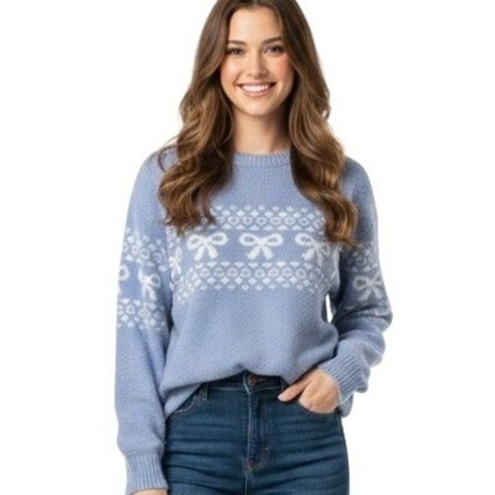 Hollister Sweater Womens L Purple‎ Bow Heart Fair Isle Crewneck Pullover Cozy
